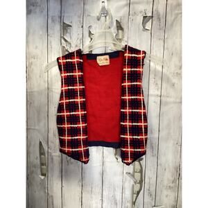 Vintage Kids Red White Navy Plaid Knit Sweater Vest Sleeveless Open Front